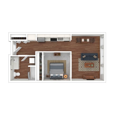 Floor plan for 1 bed, 1 bath, 689 sqft